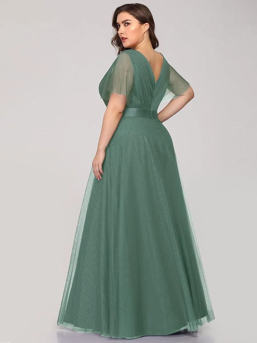 Double V-Neck Floor-Length Short Sleeve Tulle Bridesmaid Dresses