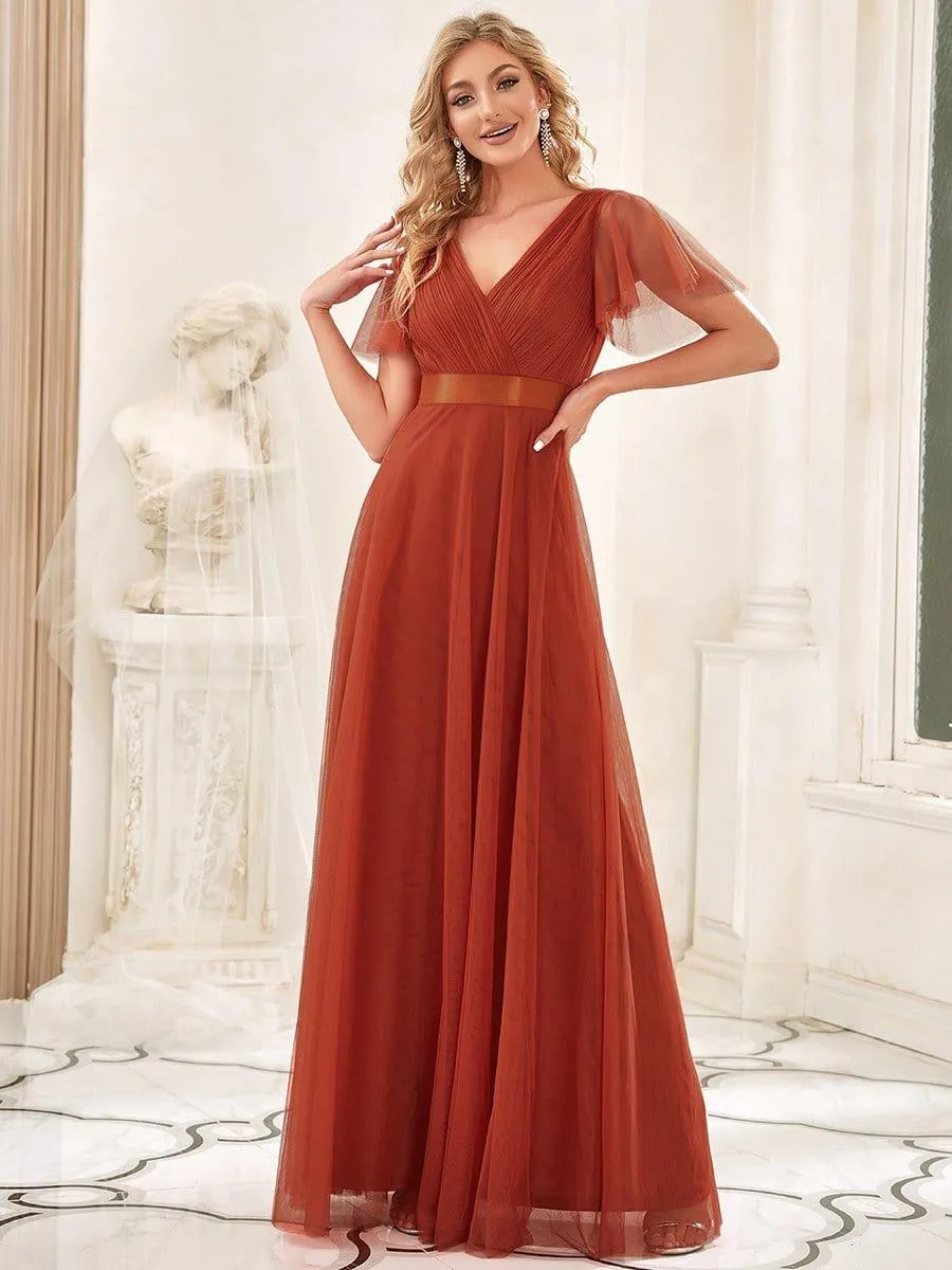 Double V-Neck Floor-Length Short Sleeve Tulle Bridesmaid Dresses