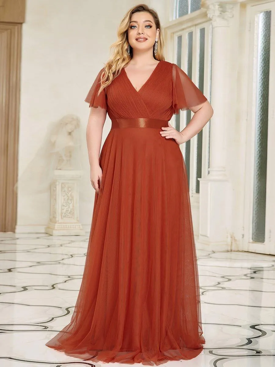 Double V-Neck Floor-Length Short Sleeve Tulle Bridesmaid Dresses