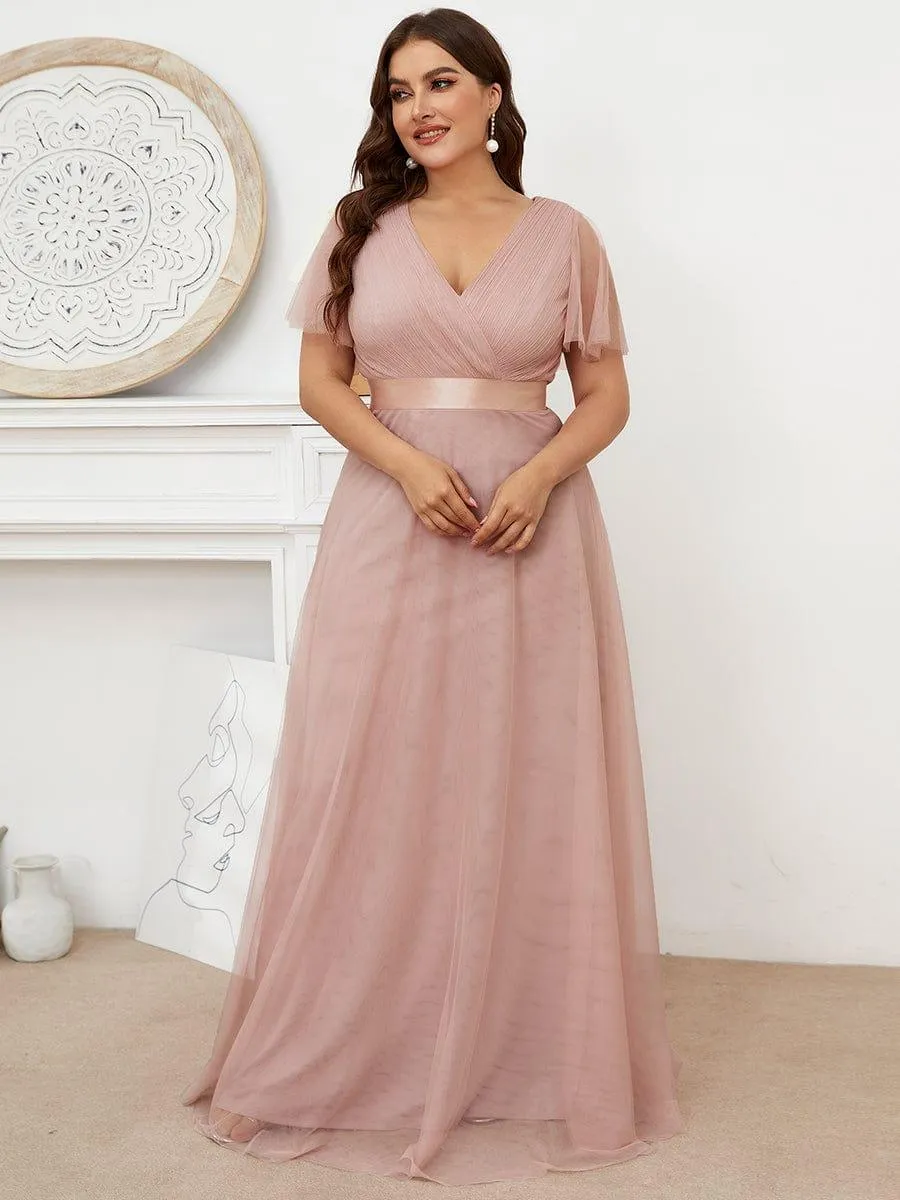 Double V-Neck Floor-Length Short Sleeve Tulle Bridesmaid Dresses