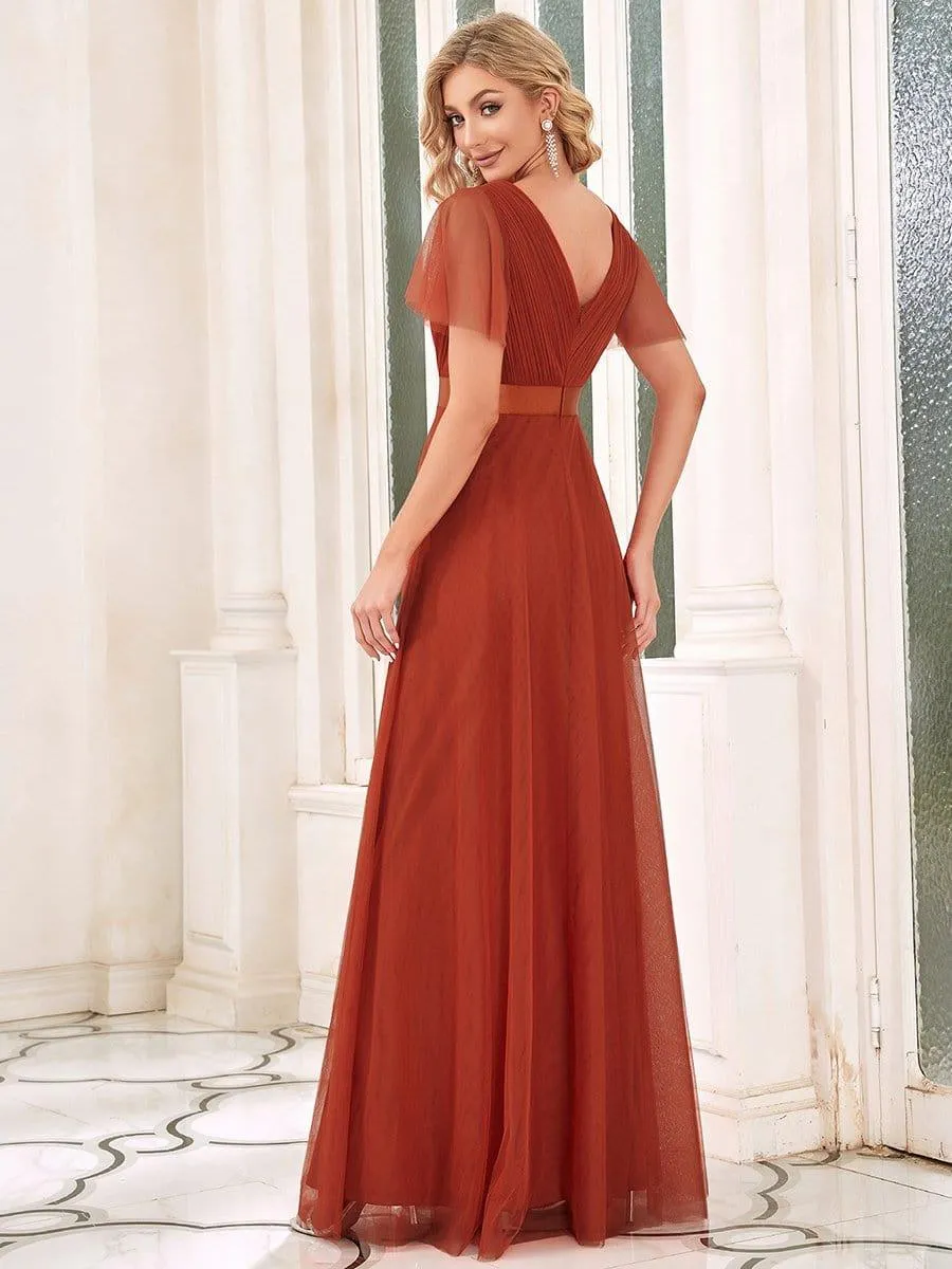 Double V-Neck Floor-Length Short Sleeve Tulle Bridesmaid Dresses