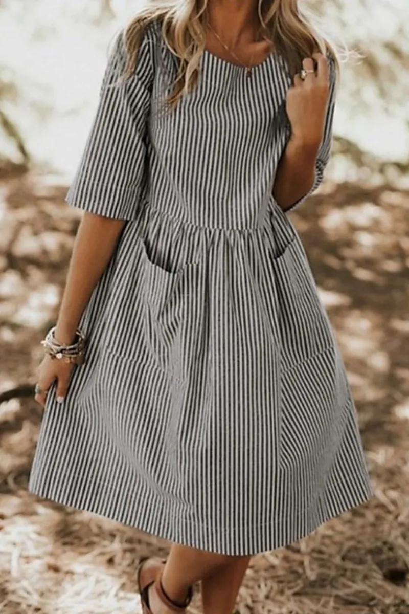 Dunnmall Casual Striped Pocket O Neck The Midi Dresses(2 Colors)