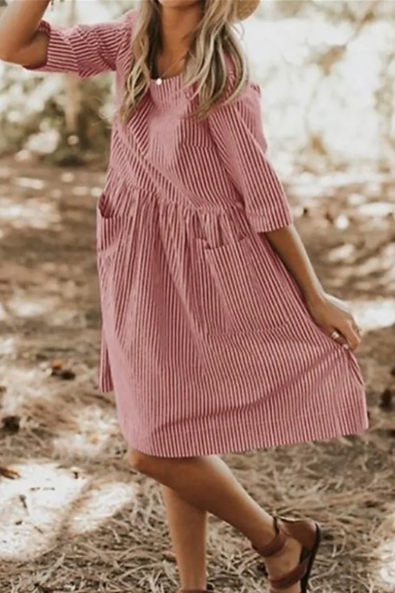 Dunnmall Casual Striped Pocket O Neck The Midi Dresses(2 Colors)