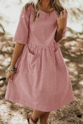 Dunnmall Casual Striped Pocket O Neck The Midi Dresses(2 Colors)