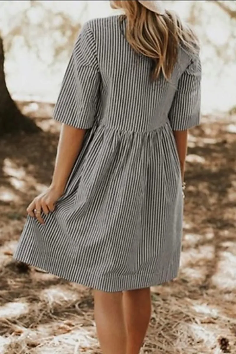Dunnmall Casual Striped Pocket O Neck The Midi Dresses(2 Colors)