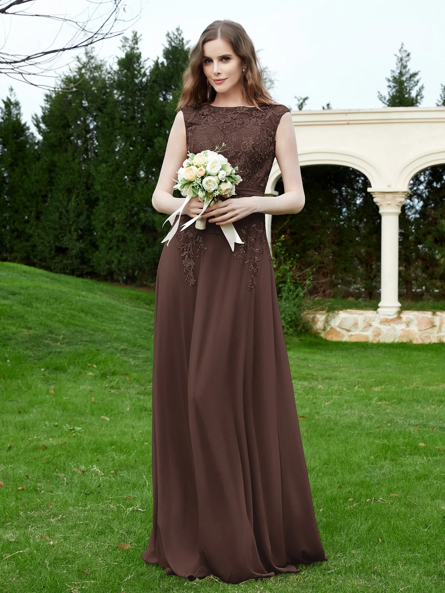 Elegant Illusion Lace Appliqued Dress With Buttons Chocolate
