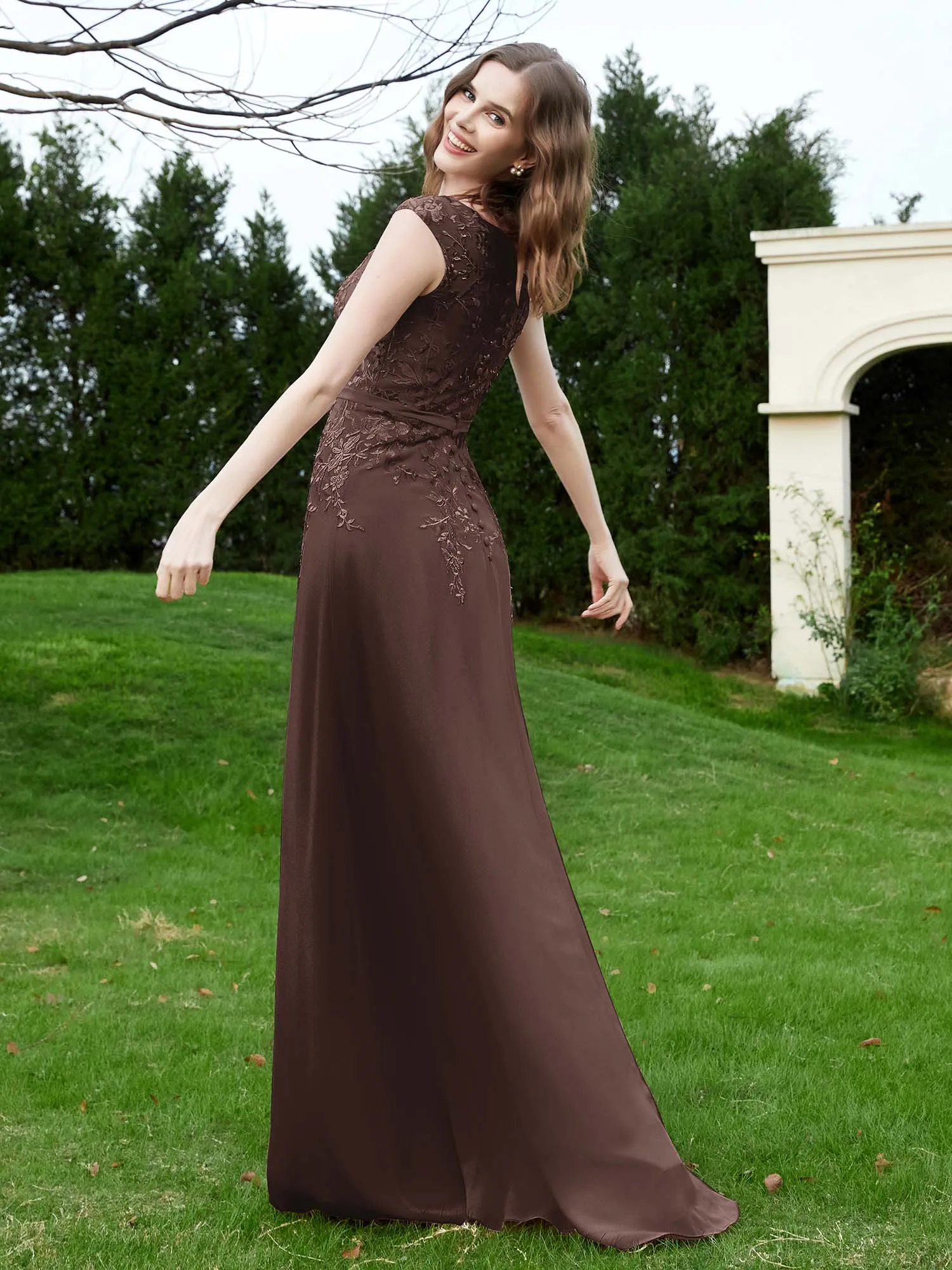 Elegant Illusion Lace Appliqued Dress With Buttons Chocolate