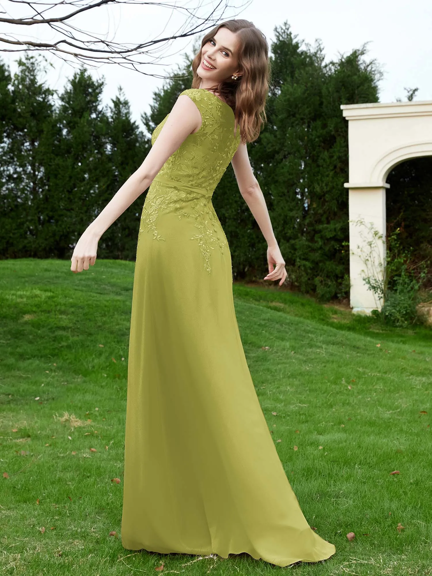 Elegant Illusion Lace Appliqued Dress With Buttons Clover