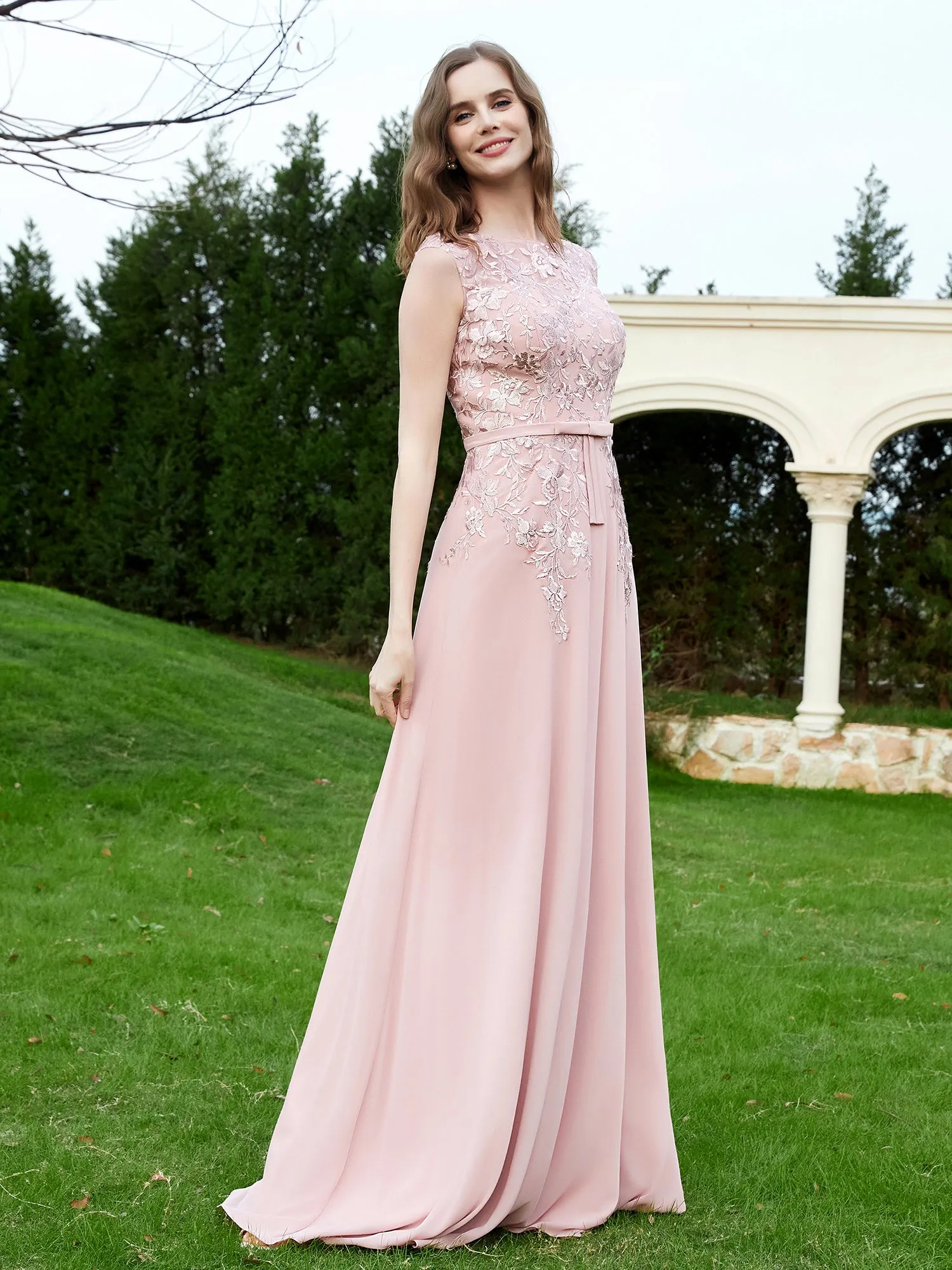 Elegant Illusion Lace Appliqued Dress With Buttons Dusty Rose Plus Size