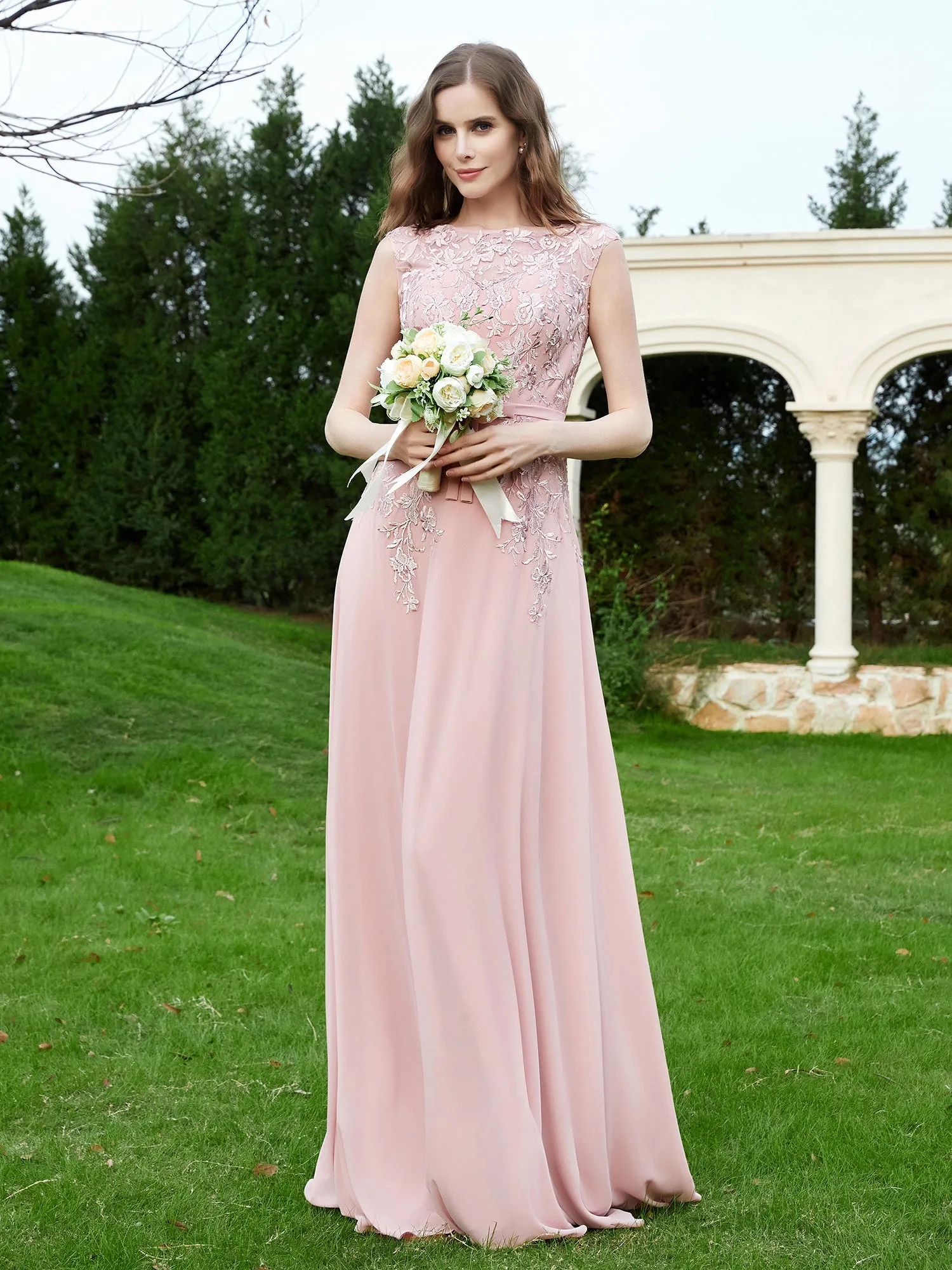 Elegant Illusion Lace Appliqued Dress With Buttons Dusty Rose Plus Size