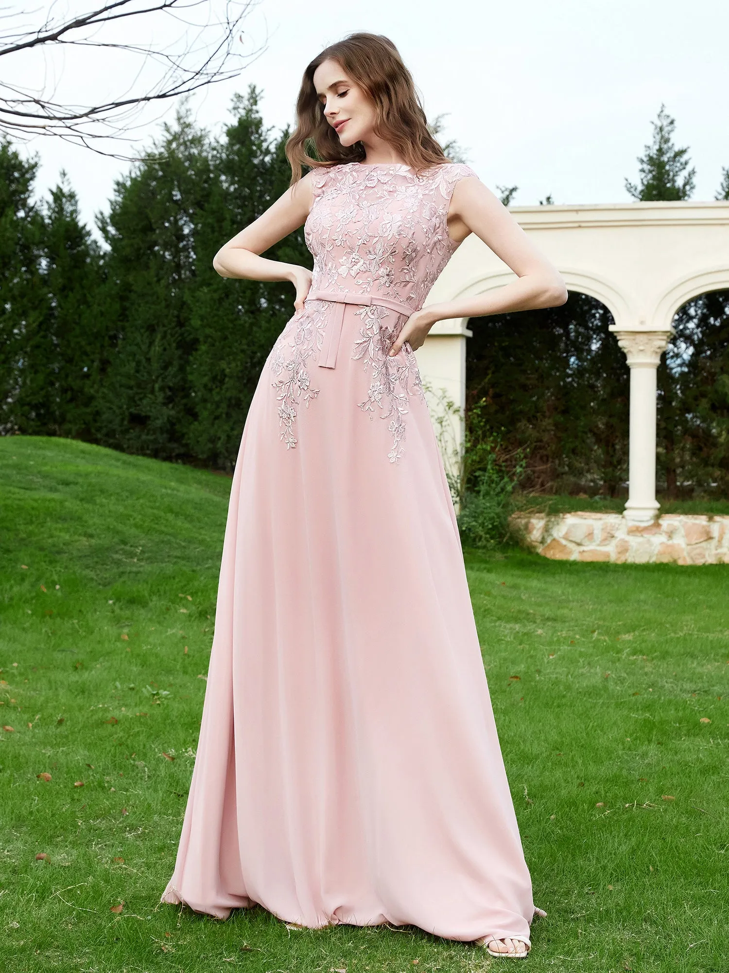 Elegant Illusion Lace Appliqued Dress With Buttons Dusty Rose Plus Size