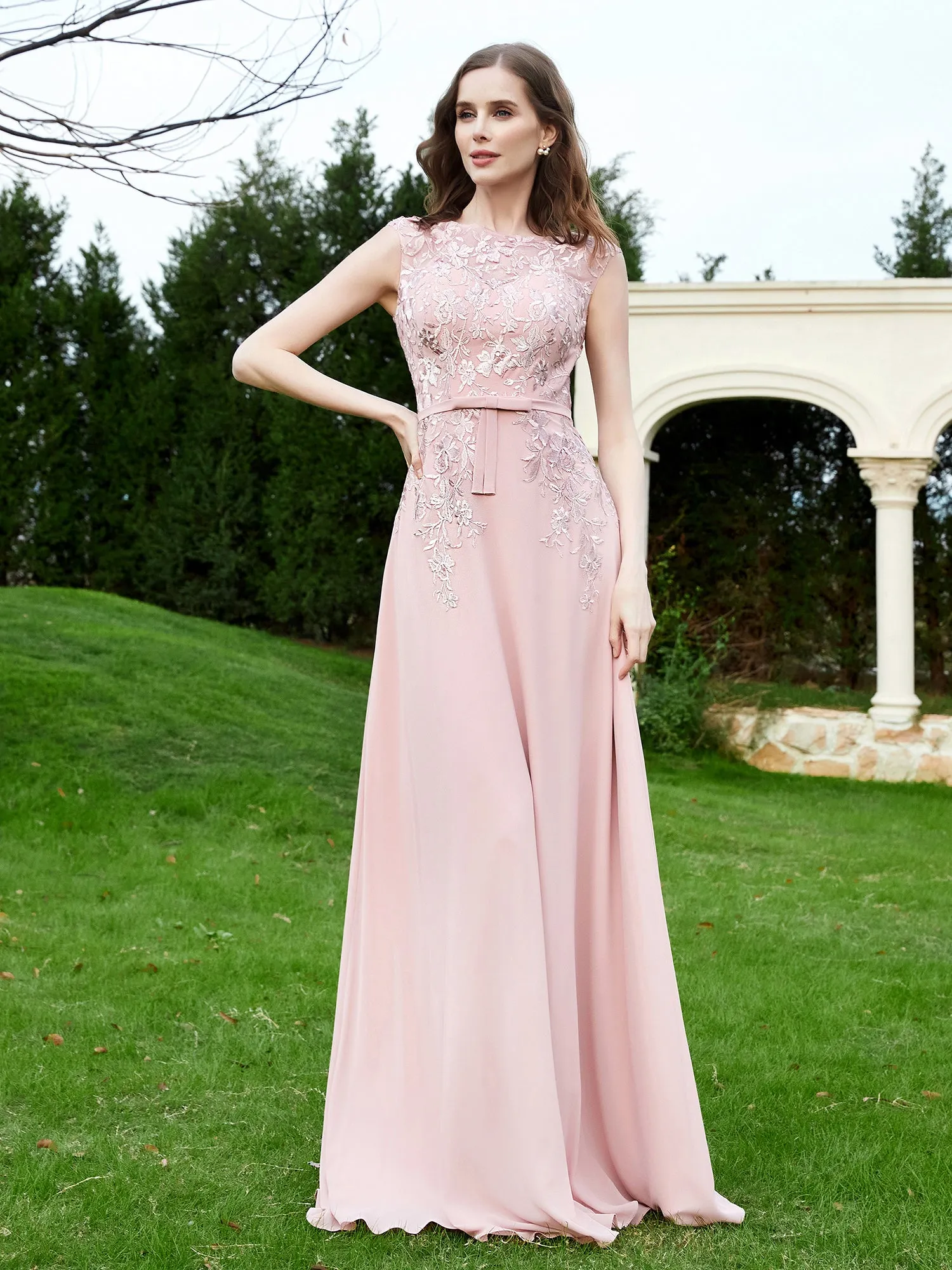 Elegant Illusion Lace Appliqued Dress With Buttons Dusty Rose Plus Size