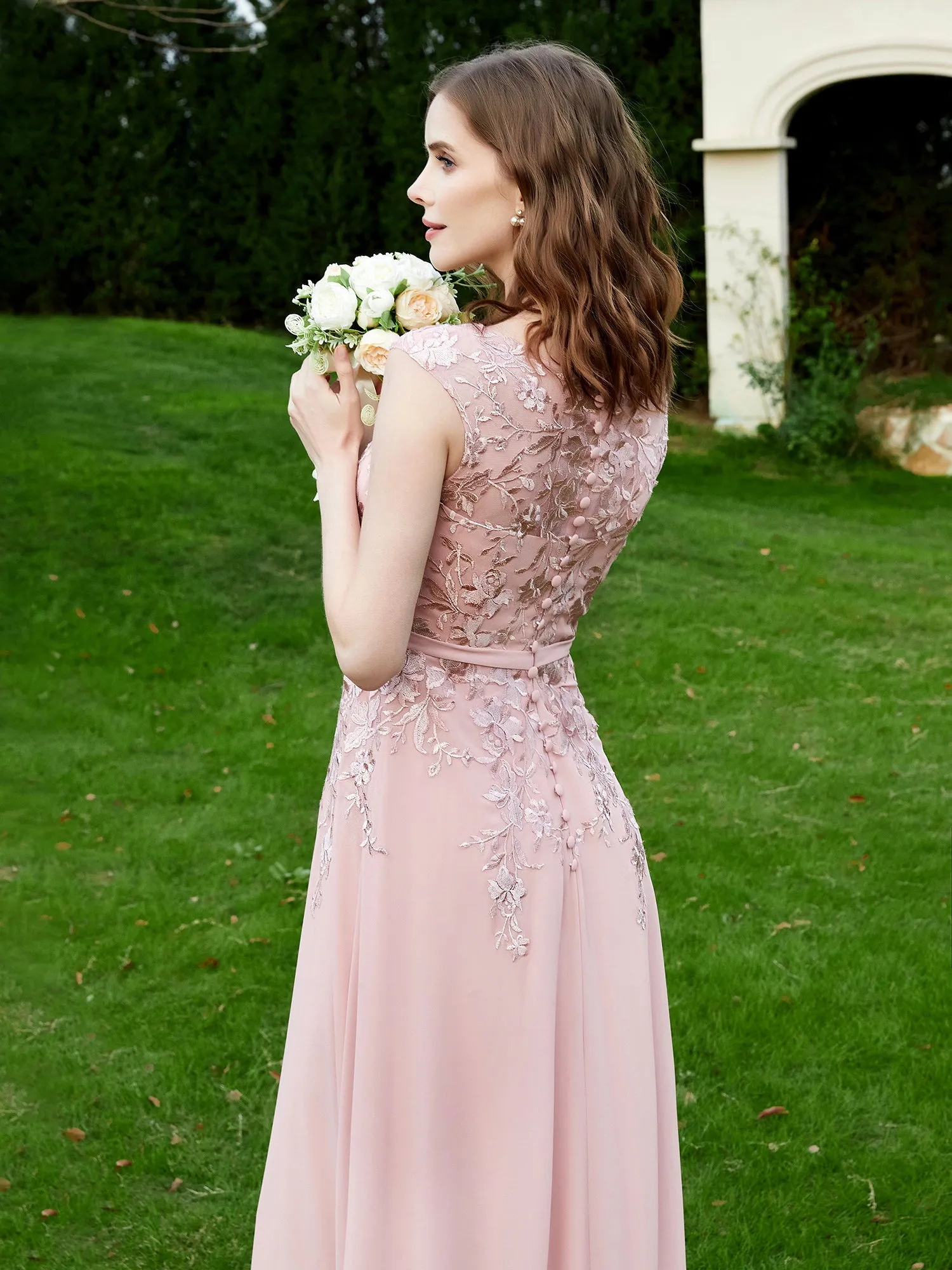 Elegant Illusion Lace Appliqued Dress With Buttons Dusty Rose Plus Size