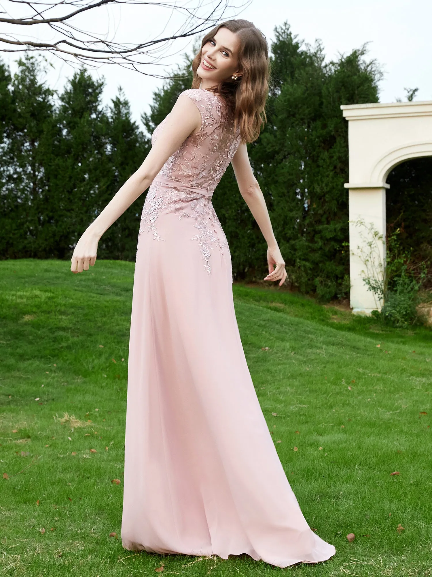 Elegant Illusion Lace Appliqued Dress With Buttons Dusty Rose Plus Size