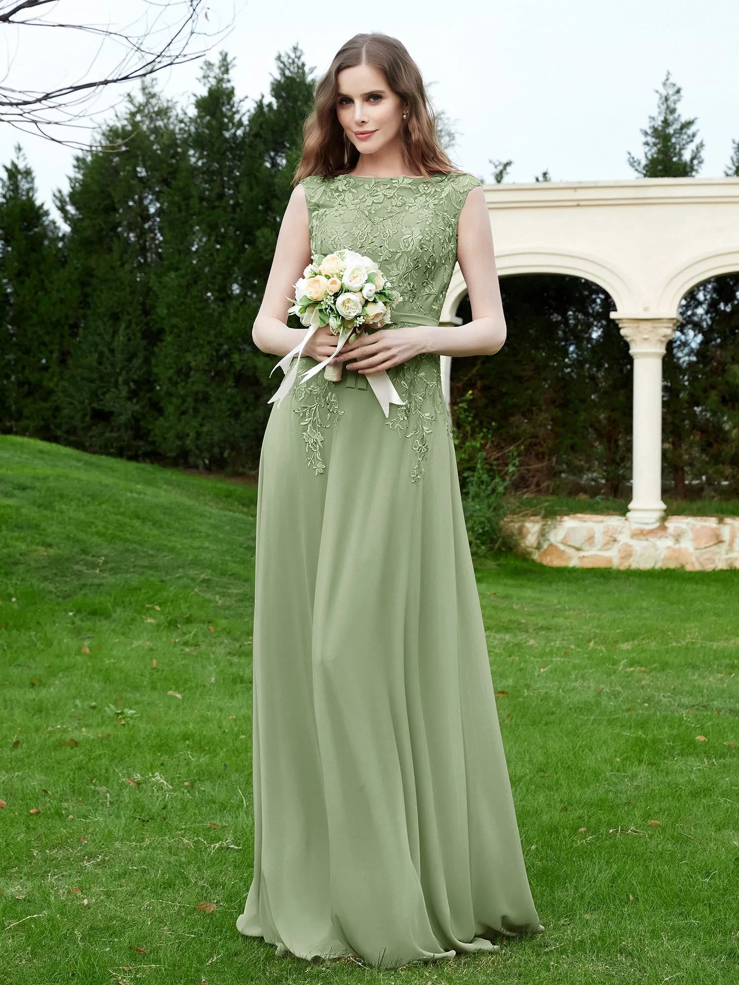 Elegant Illusion Lace Appliqued Dress With Buttons Dusty Sage