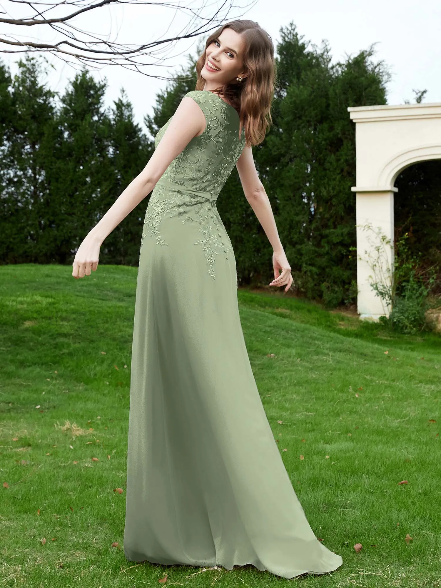 Elegant Illusion Lace Appliqued Dress With Buttons Dusty Sage