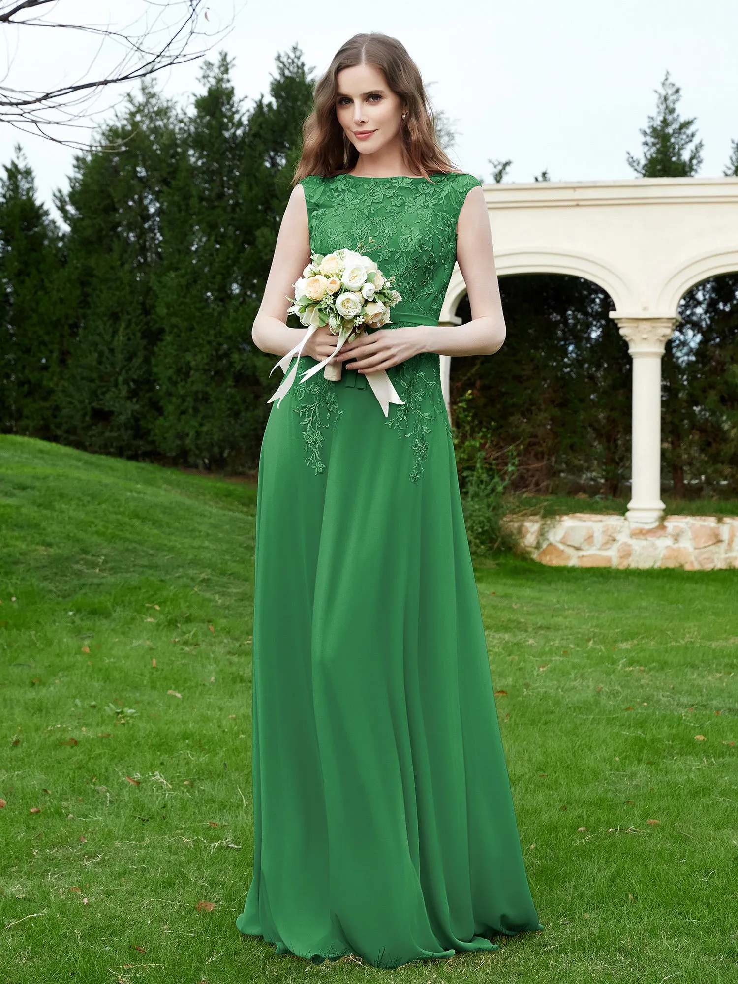 Elegant Illusion Lace Appliqued Dress With Buttons Emerald