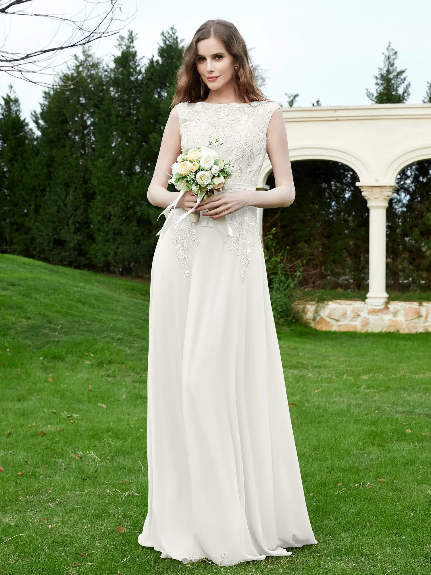 Elegant Illusion Lace Appliqued Dress With Buttons Ivory