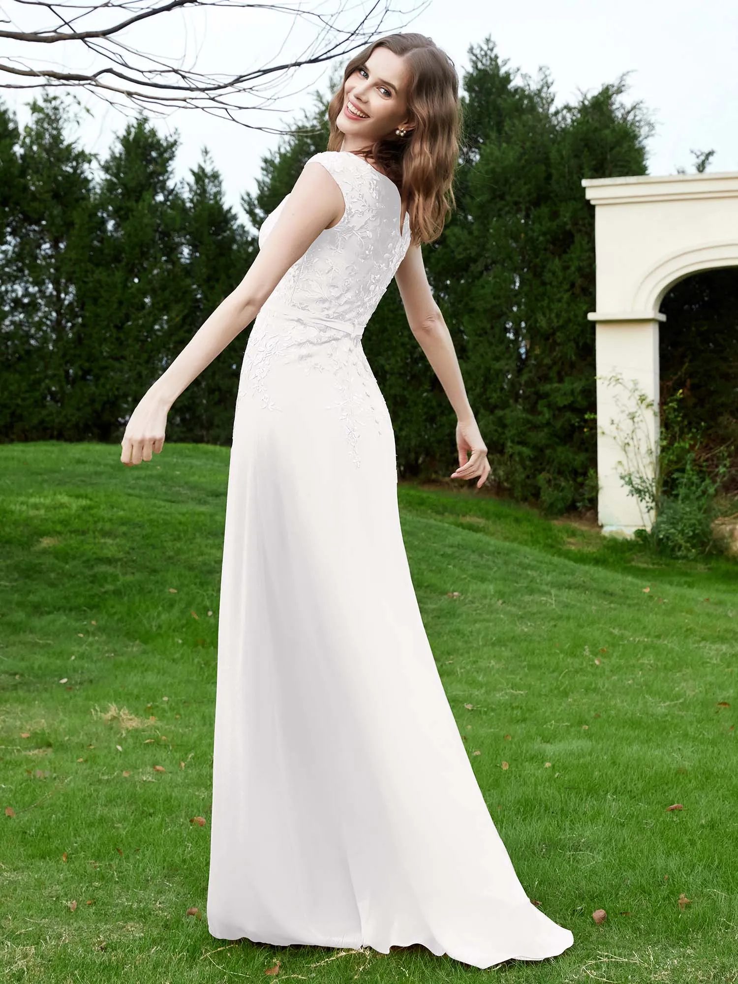 Elegant Illusion Lace Appliqued Dress With Buttons Ivory