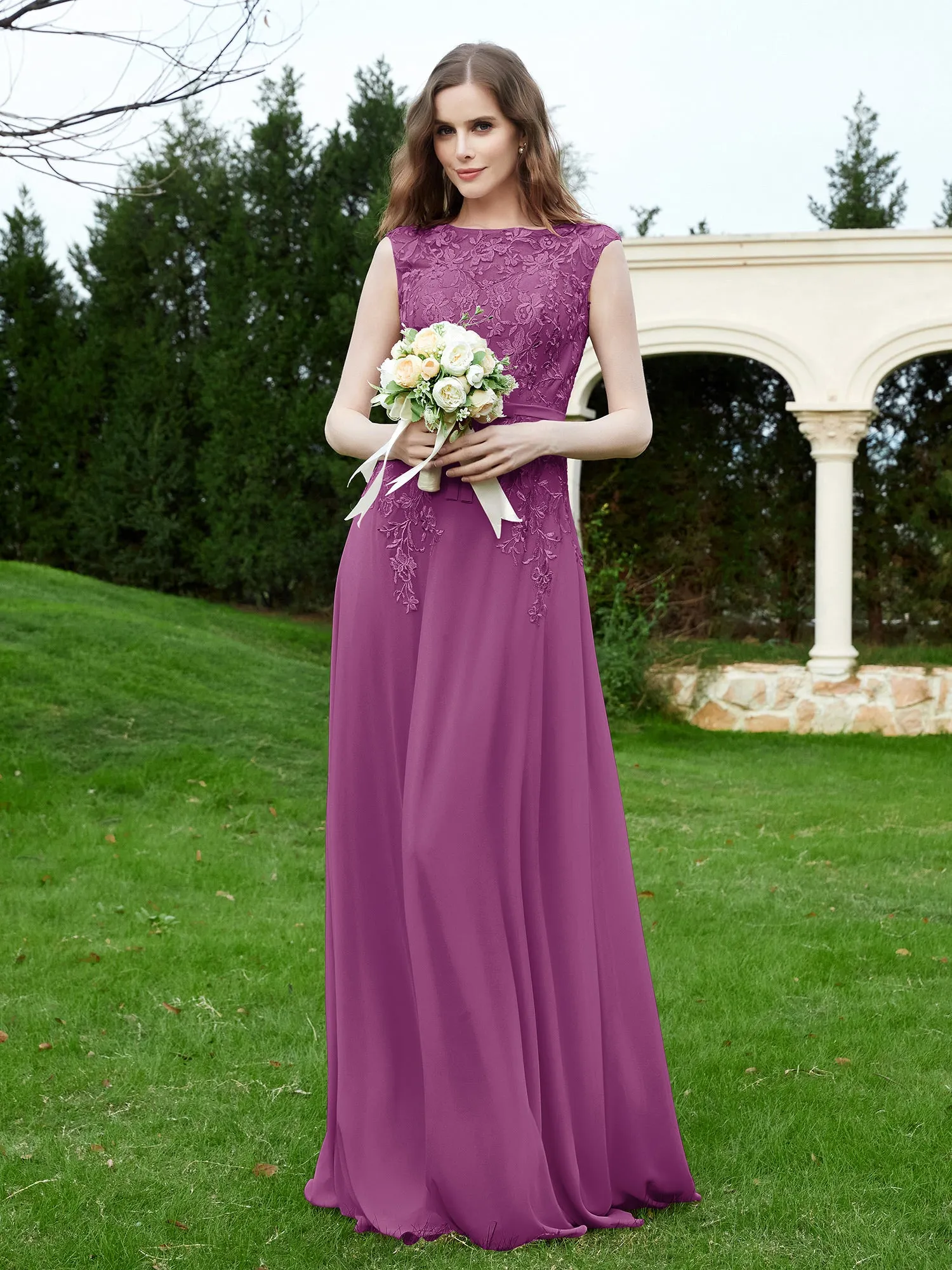 Elegant Illusion Lace Appliqued Dress With Buttons Orchid Plus Size