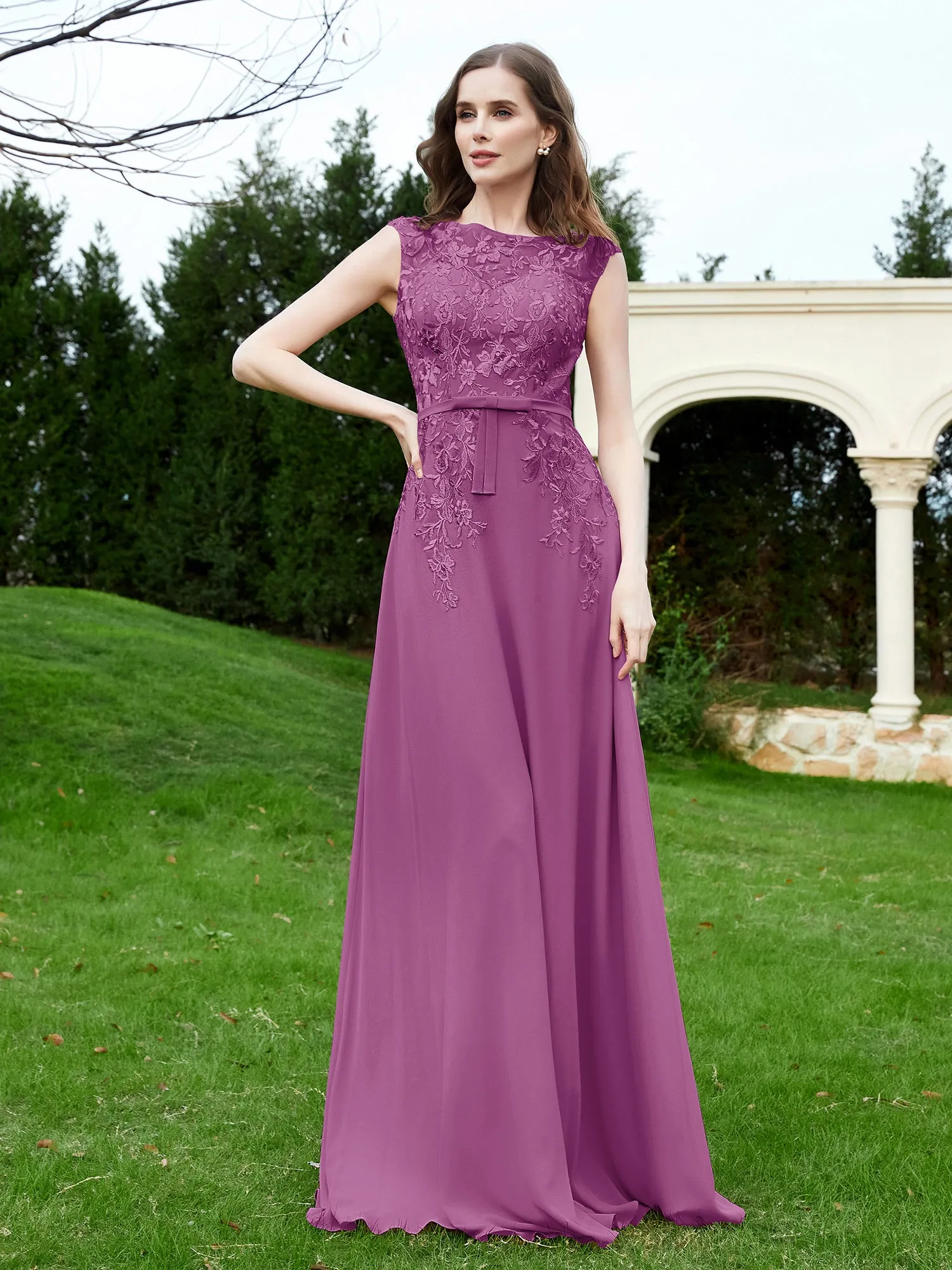 Elegant Illusion Lace Appliqued Dress With Buttons Orchid Plus Size