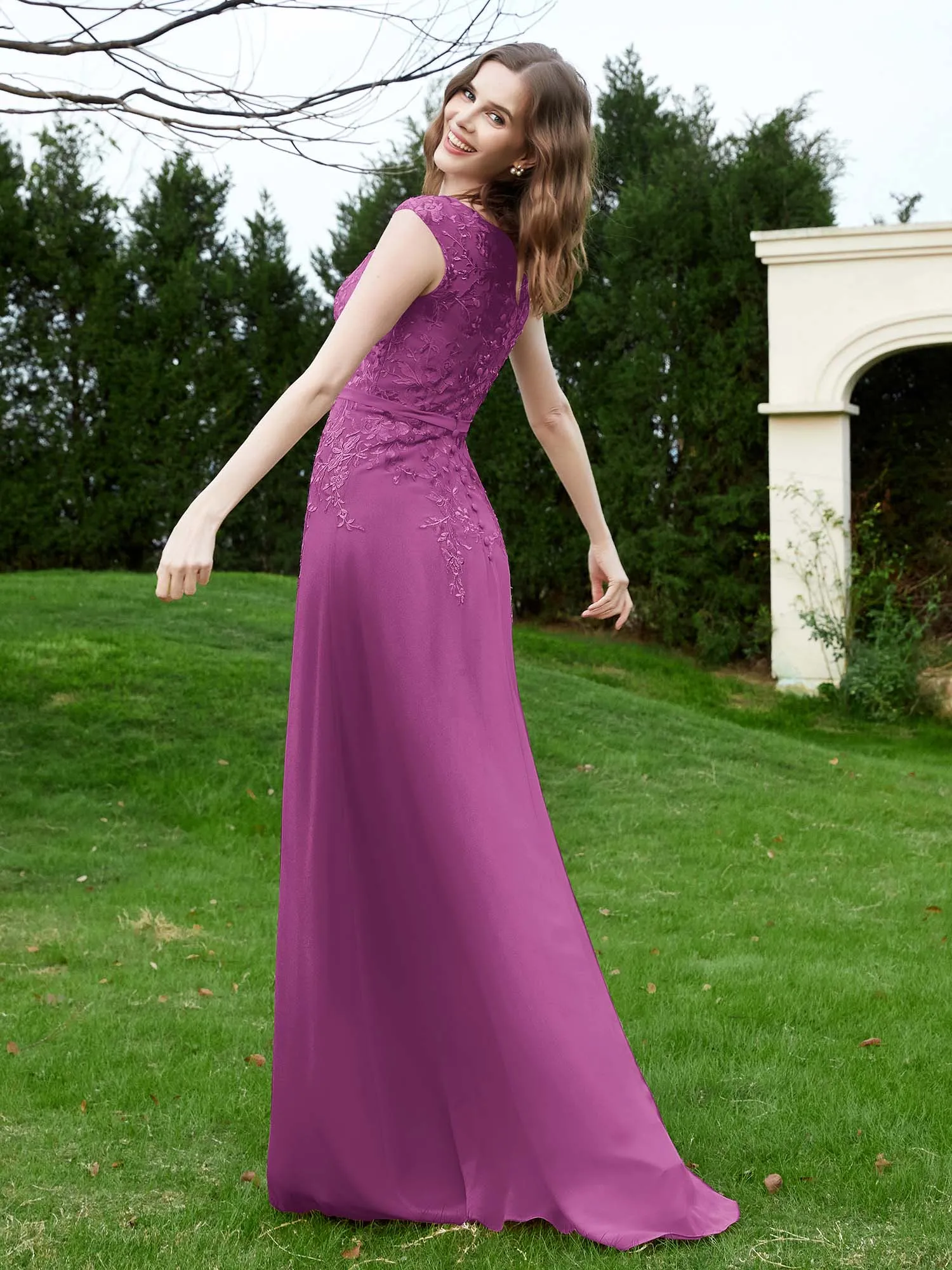 Elegant Illusion Lace Appliqued Dress With Buttons Orchid Plus Size