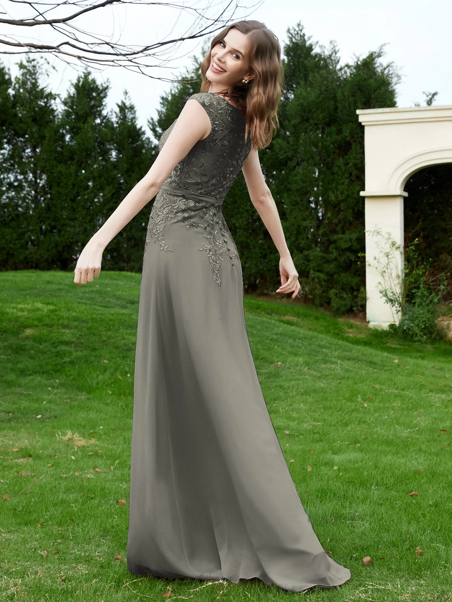 Elegant Illusion Lace Appliqued Dress With Buttons Steel Grey