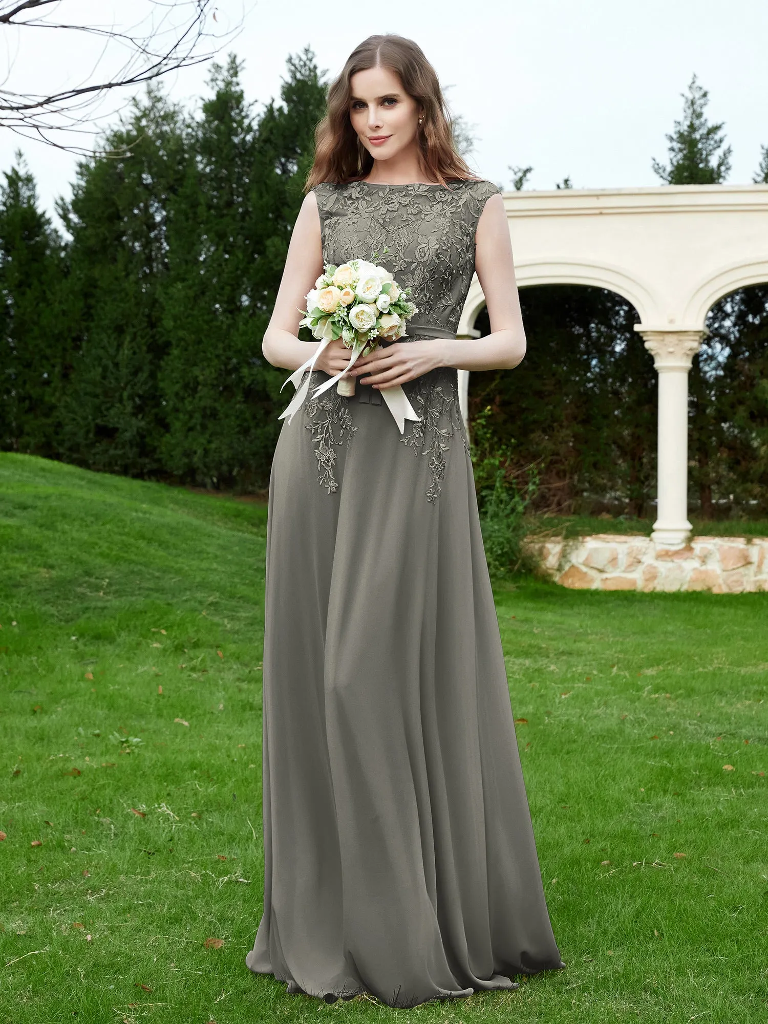 Elegant Illusion Lace Appliqued Dress With Buttons Steel Grey