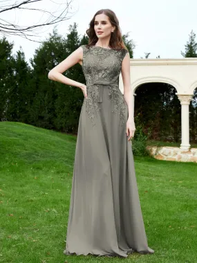 Elegant Illusion Lace Appliqued Dress With Buttons Steel Grey