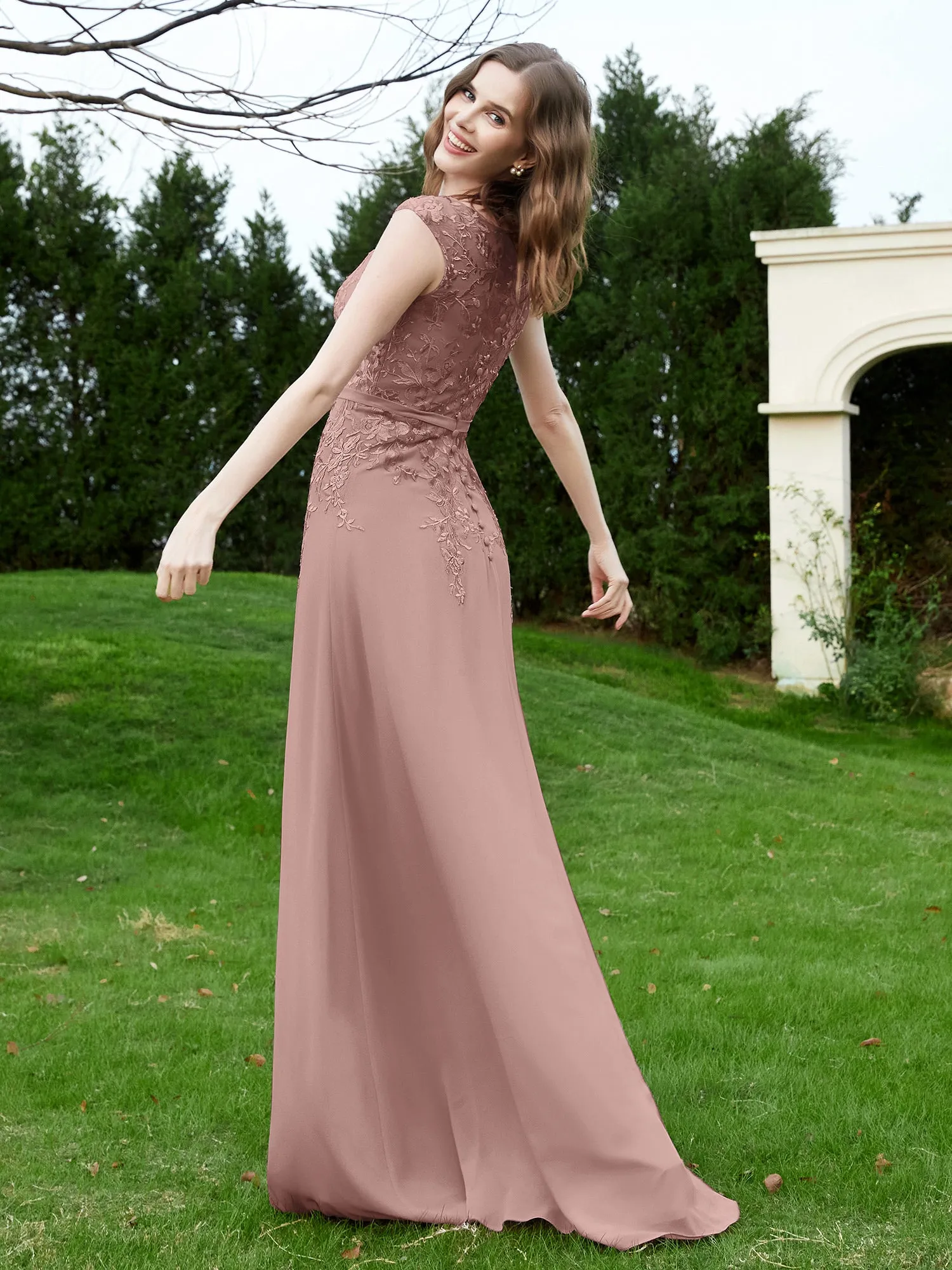 Elegant Illusion Lace Appliqued Dress With Buttons Vintage Mauve Plus Size