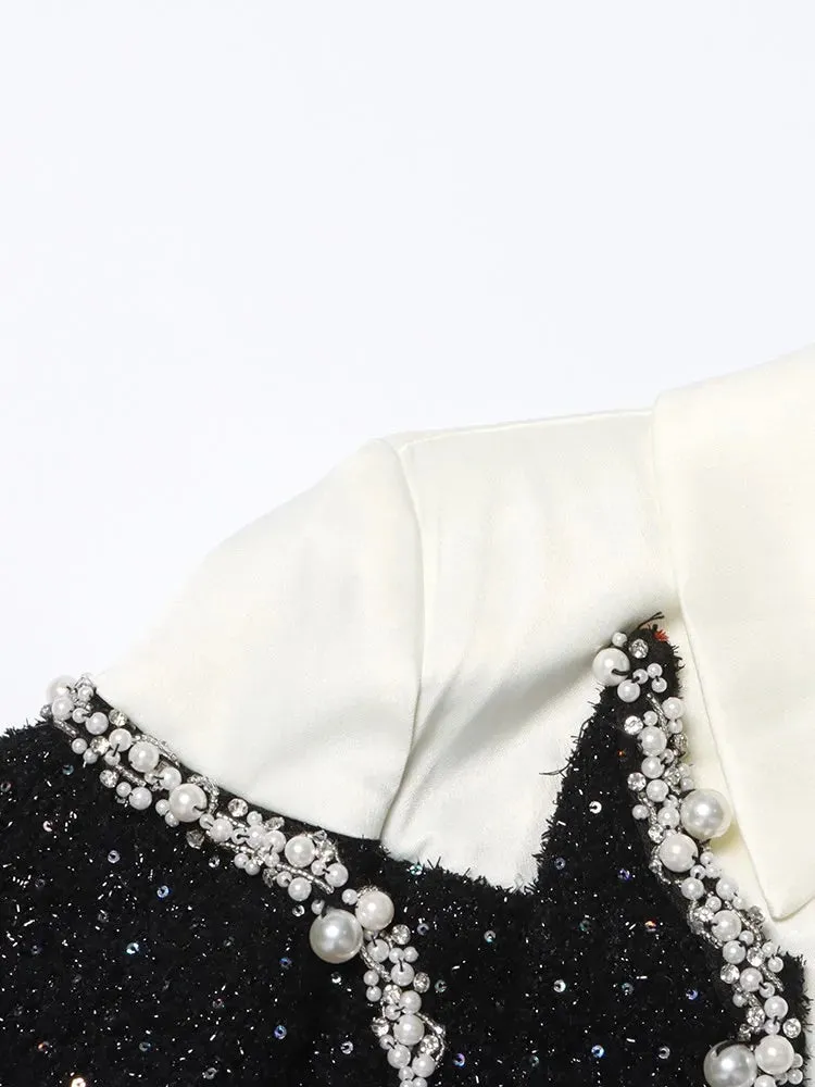 Estella Tweed Long Sleeve Patchwork Pearls and Rhinestones Dress