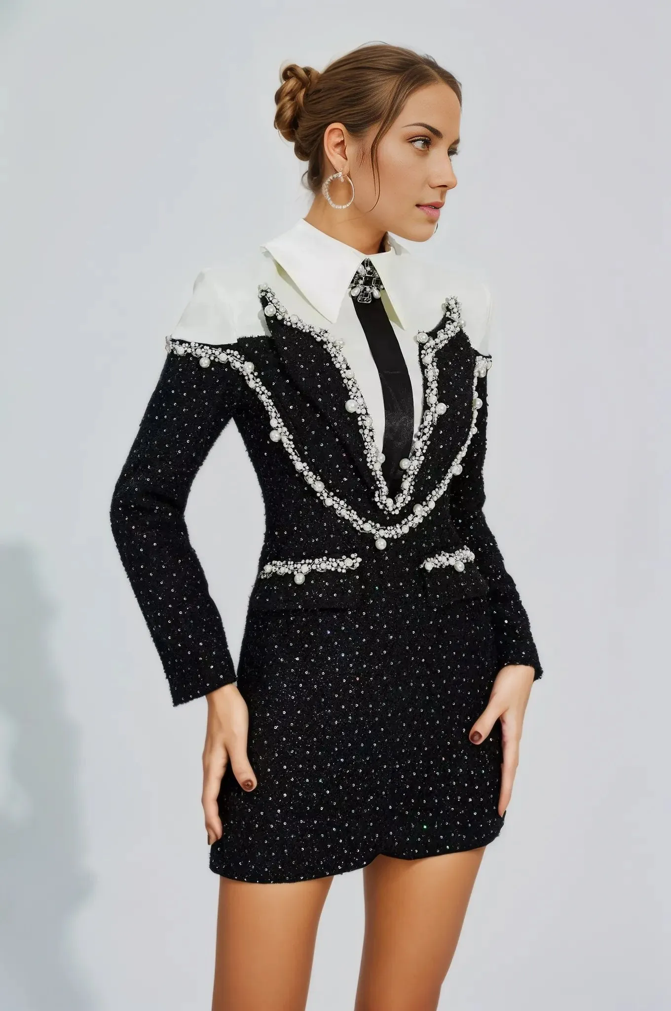 Estella Tweed Long Sleeve Patchwork Pearls and Rhinestones Dress
