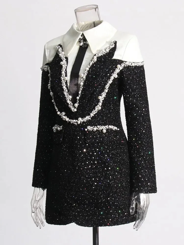 Estella Tweed Long Sleeve Patchwork Pearls and Rhinestones Dress