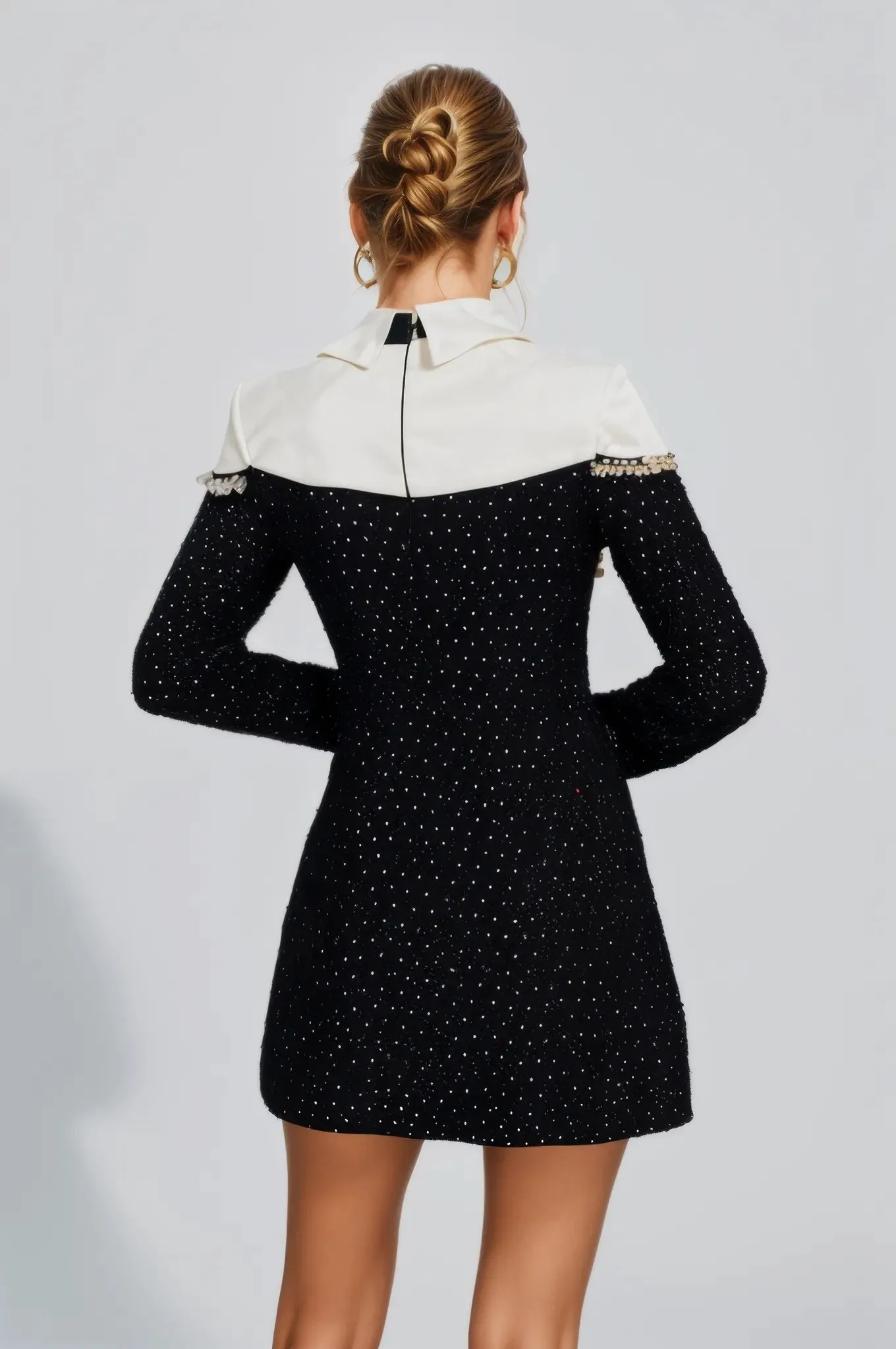 Estella Tweed Long Sleeve Patchwork Pearls and Rhinestones Dress