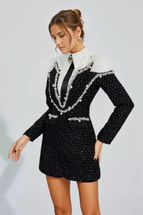 Estella Tweed Long Sleeve Patchwork Pearls and Rhinestones Dress