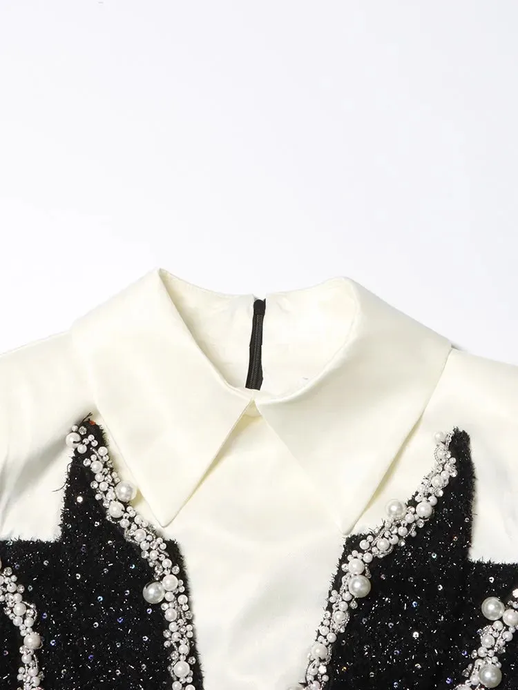 Estella Tweed Long Sleeve Patchwork Pearls and Rhinestones Dress