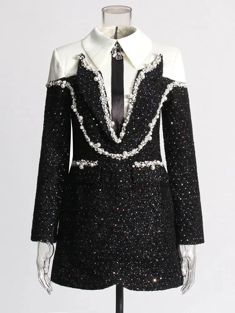 Estella Tweed Long Sleeve Patchwork Pearls and Rhinestones Dress