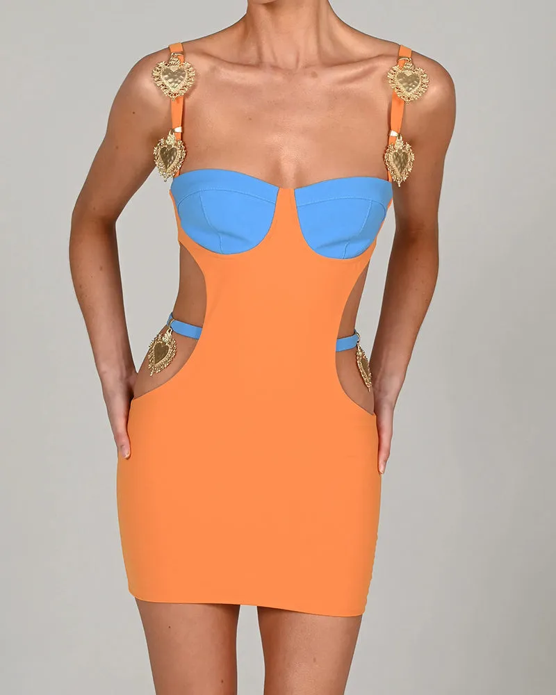 Fiona Metal Shell Patchwork Hollow Out Mini Dress