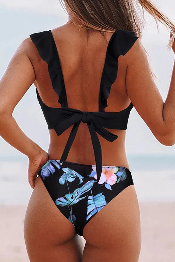 Flower Print Romantic Ruffle Bikini