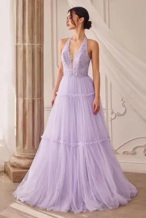 GARDEN LACE HALTER GOWN WITH TIER SKIRT CDA1206