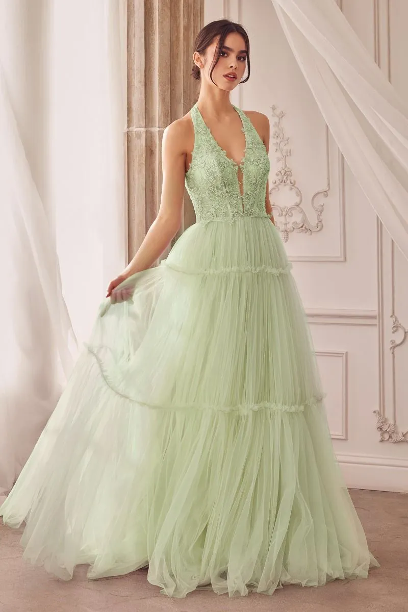 GARDEN LACE HALTER GOWN WITH TIER SKIRT CDA1206