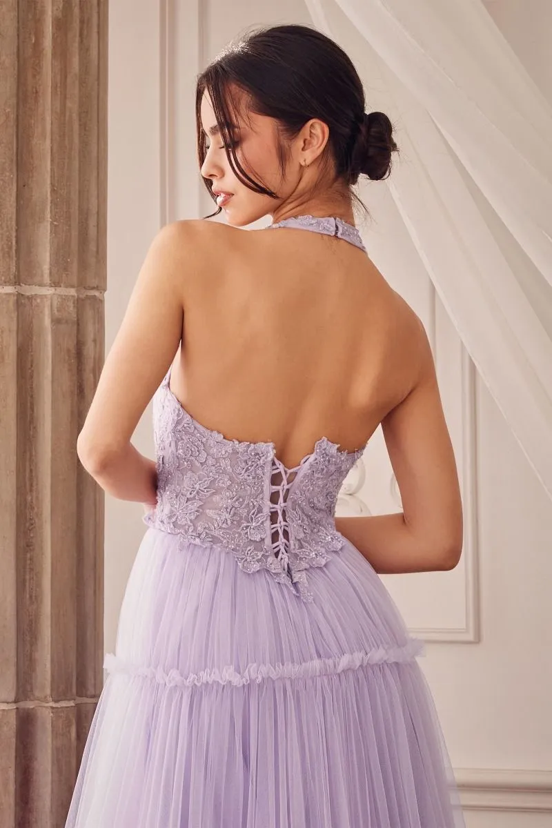 GARDEN LACE HALTER GOWN WITH TIER SKIRT CDA1206