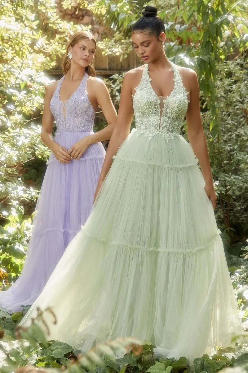 GARDEN LACE HALTER GOWN WITH TIER SKIRT CDA1206