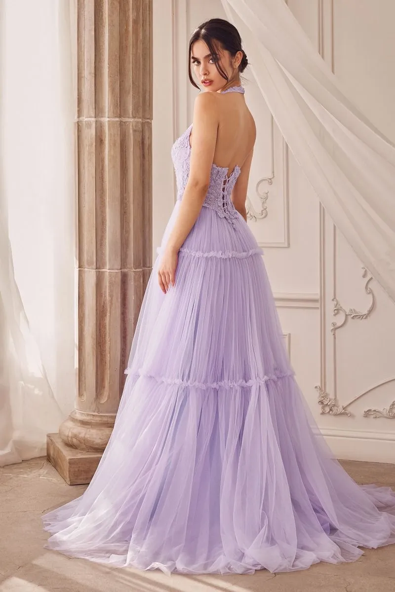 GARDEN LACE HALTER GOWN WITH TIER SKIRT CDA1206