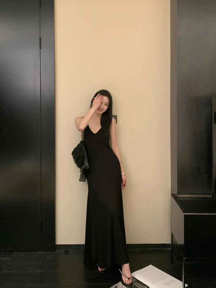 Girlary 2024 Summer Retro French Fashion Even Party Black Midi Dresses Casual V-Neck Y2k Sexy Strap Dresses Korean Fashion Clothing