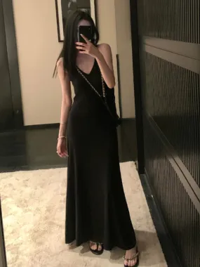 Girlary 2024 Summer Retro French Fashion Even Party Black Midi Dresses Casual V-Neck Y2k Sexy Strap Dresses Korean Fashion Clothing