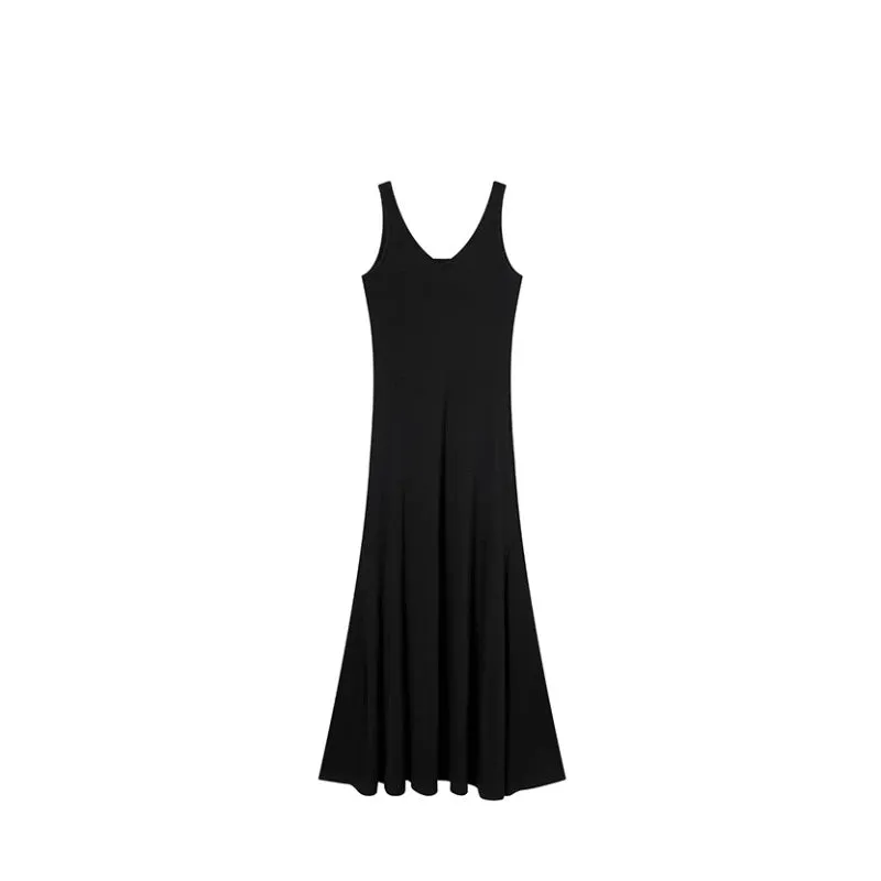Girlary 2024 Summer Retro French Fashion Even Party Black Midi Dresses Casual V-Neck Y2k Sexy Strap Dresses Korean Fashion Clothing