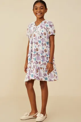 Girls Forest Print Ruffle Detail Textured Dress