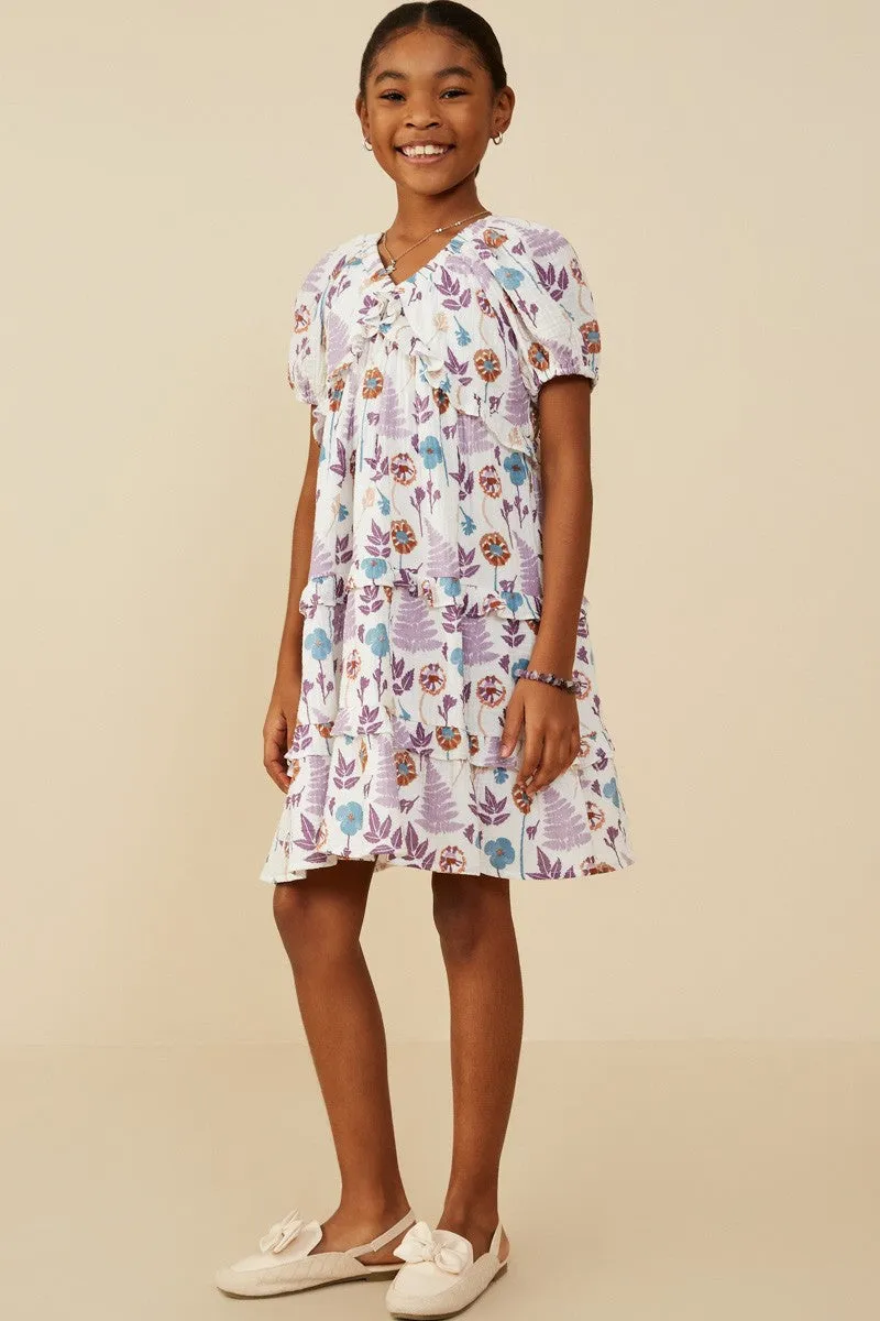 Girls Forest Print Ruffle Detail Textured Dress