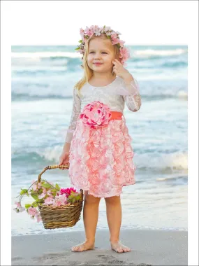 Girls Pink Crème Rosette Lace Hi-Low Dress